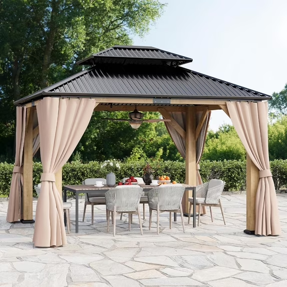 LAZZO 10'x12' Outdoor Hardtop Gazebo, Wooden Frame Double Galvanized Steel Roof, Curtains & Netting Included for Patio and Garden