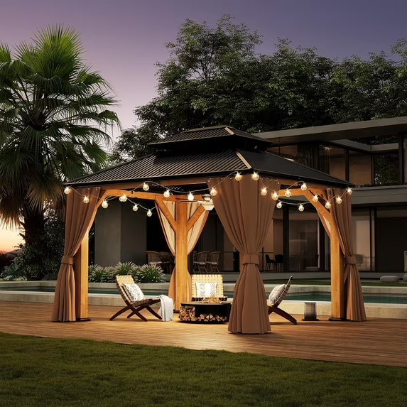 LAZZO 10'x12' Outdoor Hardtop Gazebo, Wooden Frame Double Galvanized Steel Roof, Curtains & Netting Included for Patio and Garden