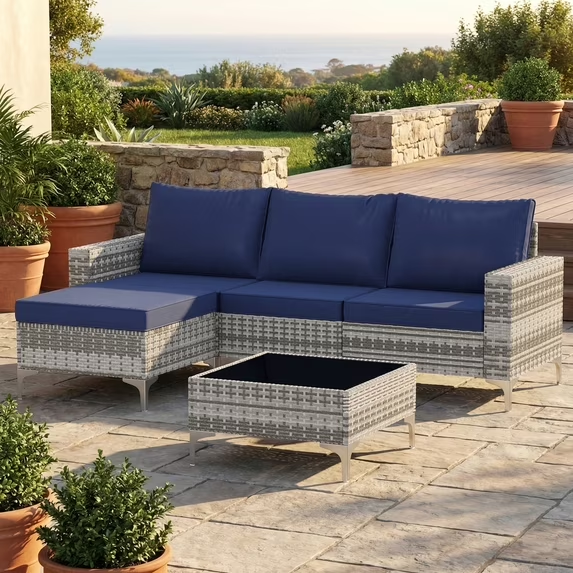 LAZZO 5-Piece Patio Conversation Set, Boho Outdoor Wicker Furniture with Blue Cushions & Glass Coffee Table for Backyard, Porch