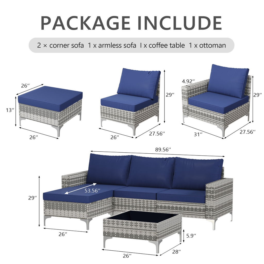 LAZZO 5-Piece Patio Conversation Set, Boho Outdoor Wicker Furniture with Blue Cushions & Glass Coffee Table for Backyard, Porch
