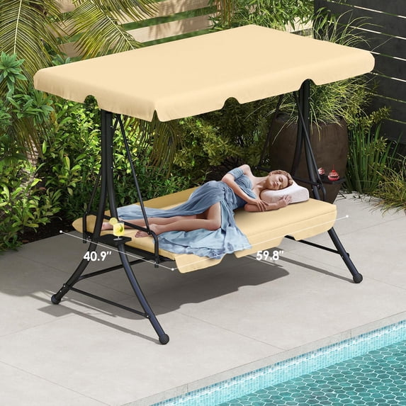 LAZZO 3-Seat Outdoor Porch Swing, Reclining Lounge Bed Convertible, Adjustable Canopy & Removable Cushions, Khaki
