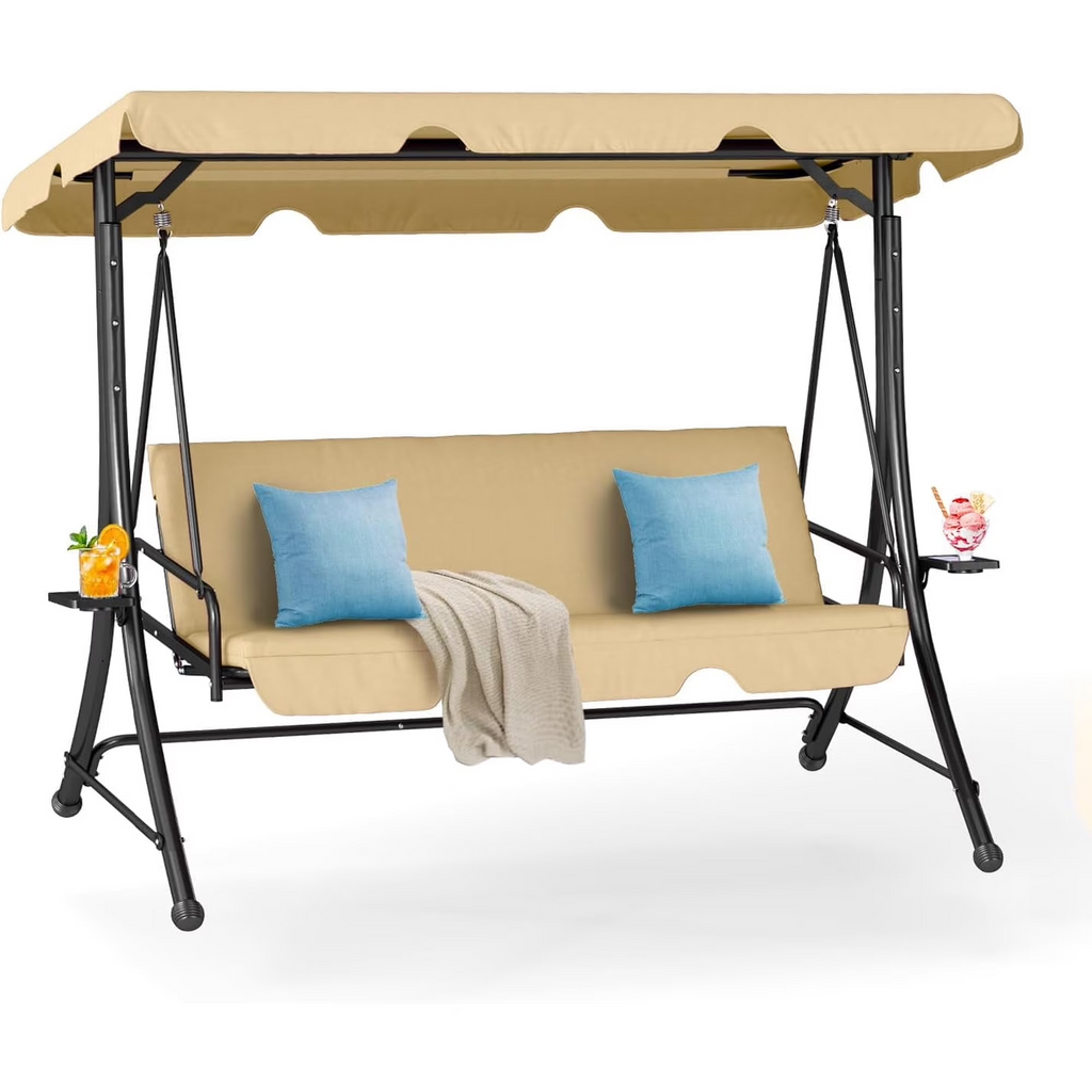LAZZO 3-Seat Outdoor Porch Swing, Reclining Lounge Bed Convertible, Adjustable Canopy & Removable Cushions, Khaki