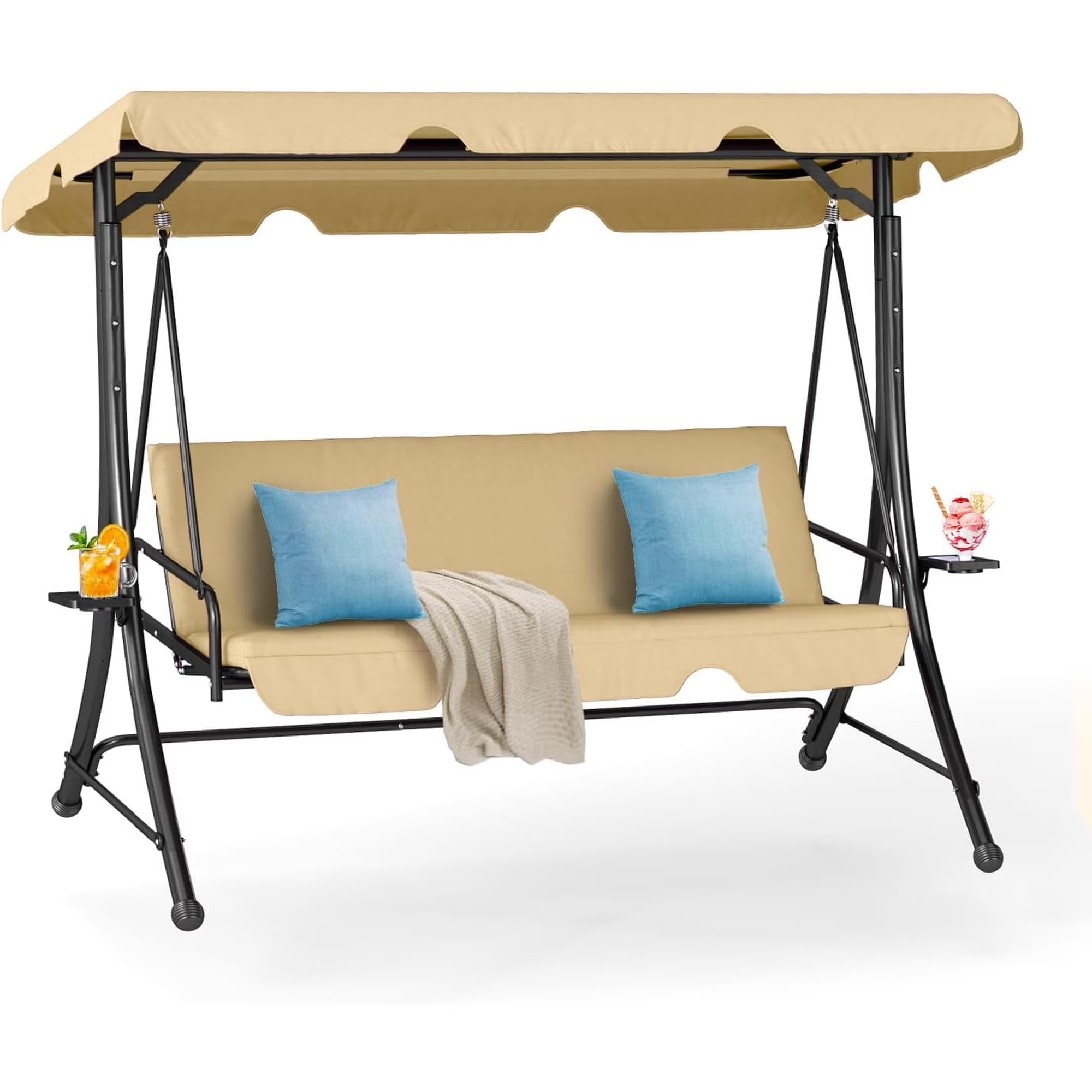 LAZZO 3-Seat Outdoor Porch Swing, Reclining Lounge Bed Convertible, Adjustable Canopy & Removable Cushions, Khaki