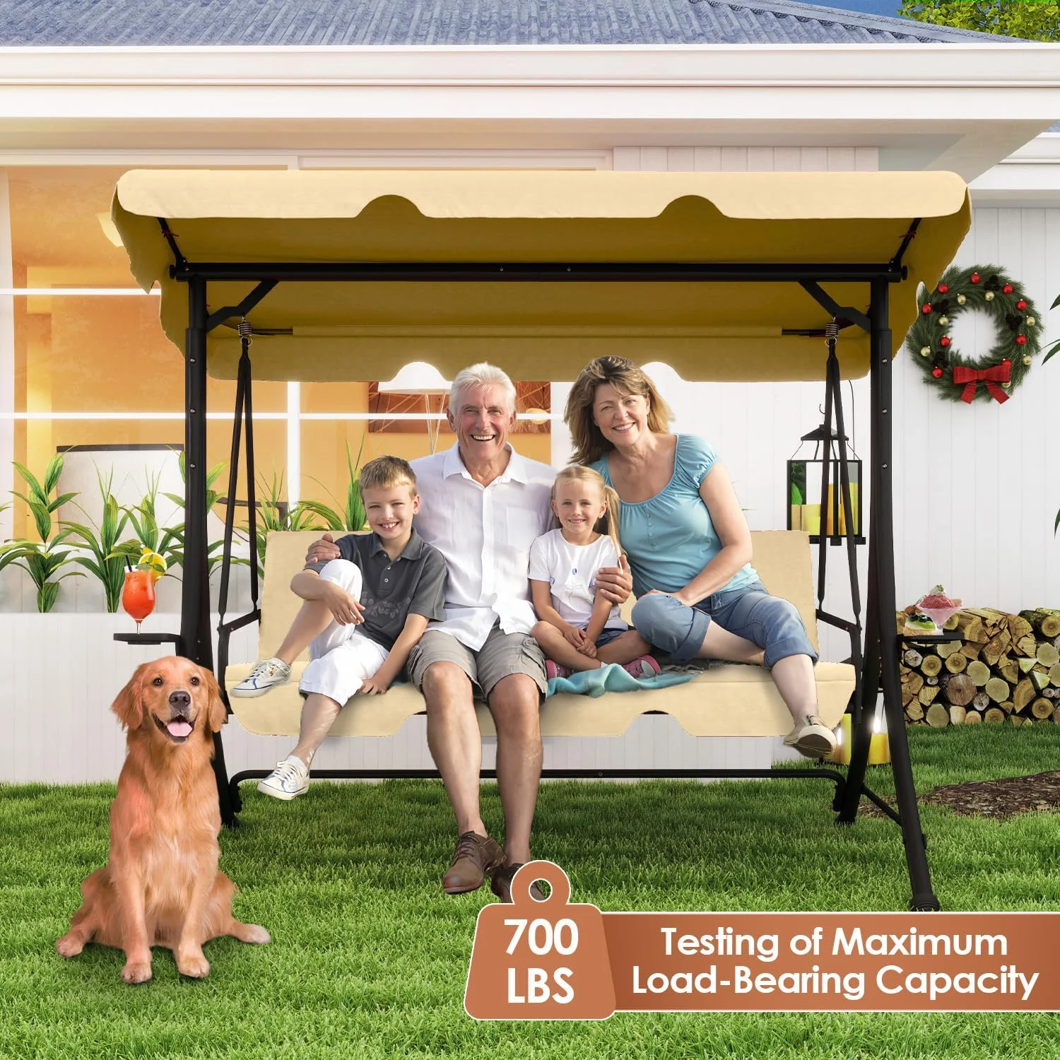 LAZZO 3-Seat Outdoor Porch Swing, Reclining Lounge Bed Convertible, Adjustable Canopy & Removable Cushions, Khaki