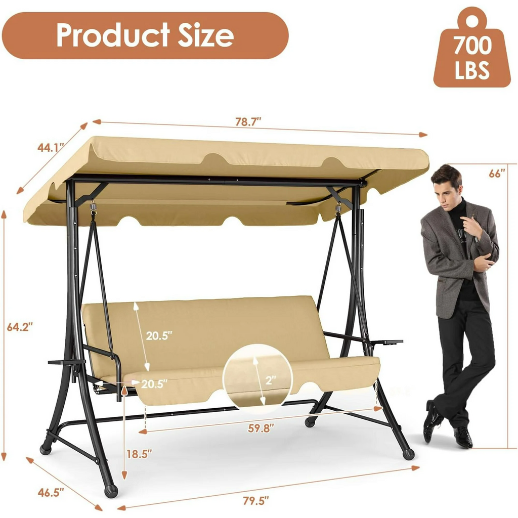 LAZZO 3-Seat Outdoor Porch Swing, Reclining Lounge Bed Convertible, Adjustable Canopy & Removable Cushions, Khaki