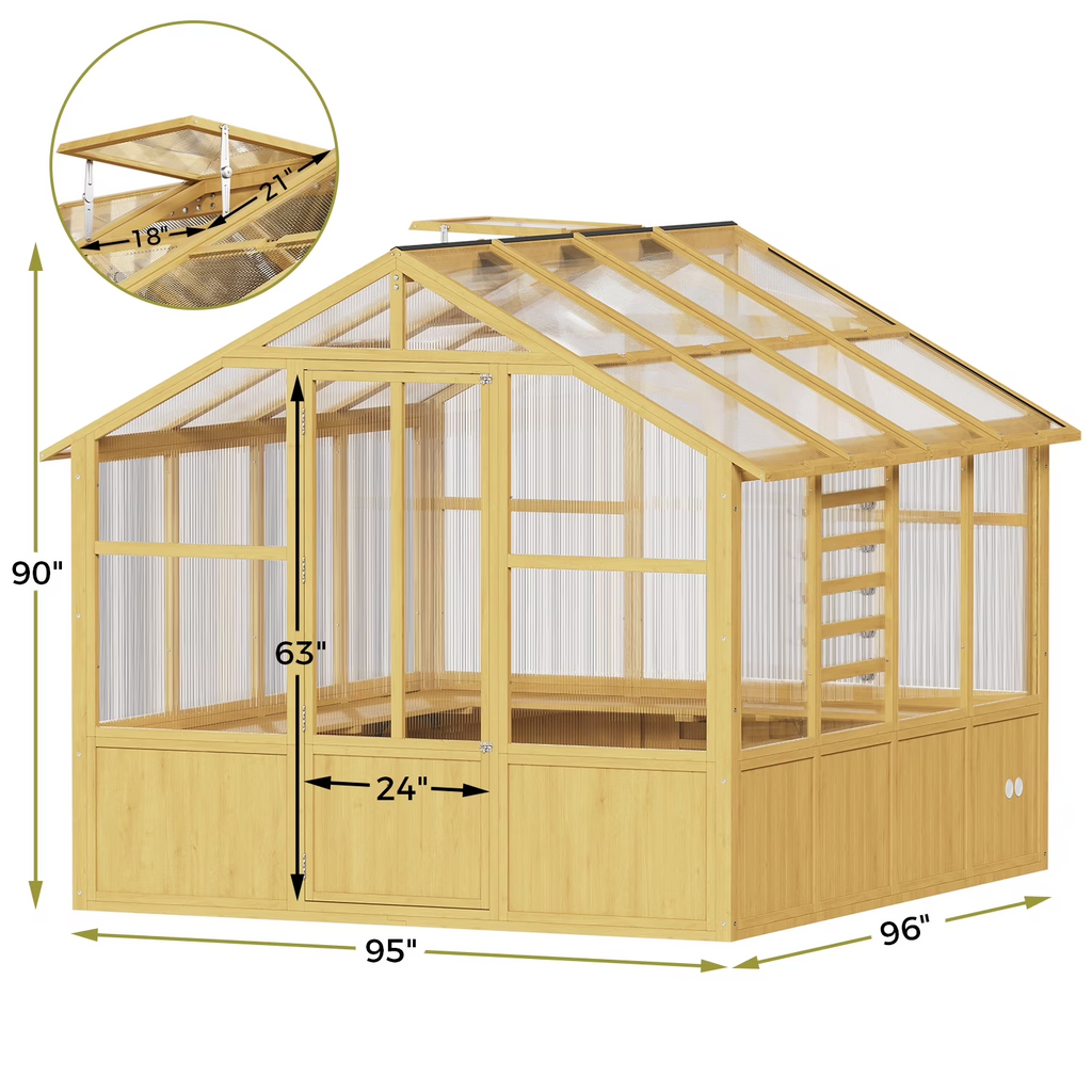 LAZZO 8x8 FT Outdoor Wooden Greenhouse, Heavy Duty Walk-in with Cedar Frame, Polycarbonate Panels & Adjustable Roof Vents
