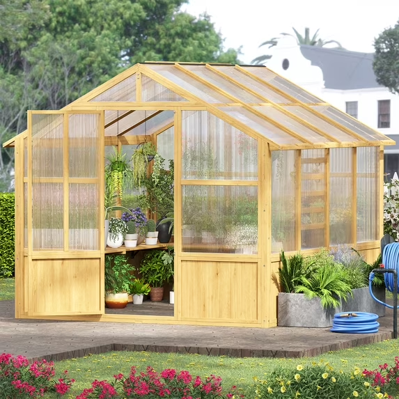 LAZZO 8x8 FT Outdoor Wooden Greenhouse, Heavy Duty Walk-in with Cedar Frame, Polycarbonate Panels & Adjustable Roof Vents