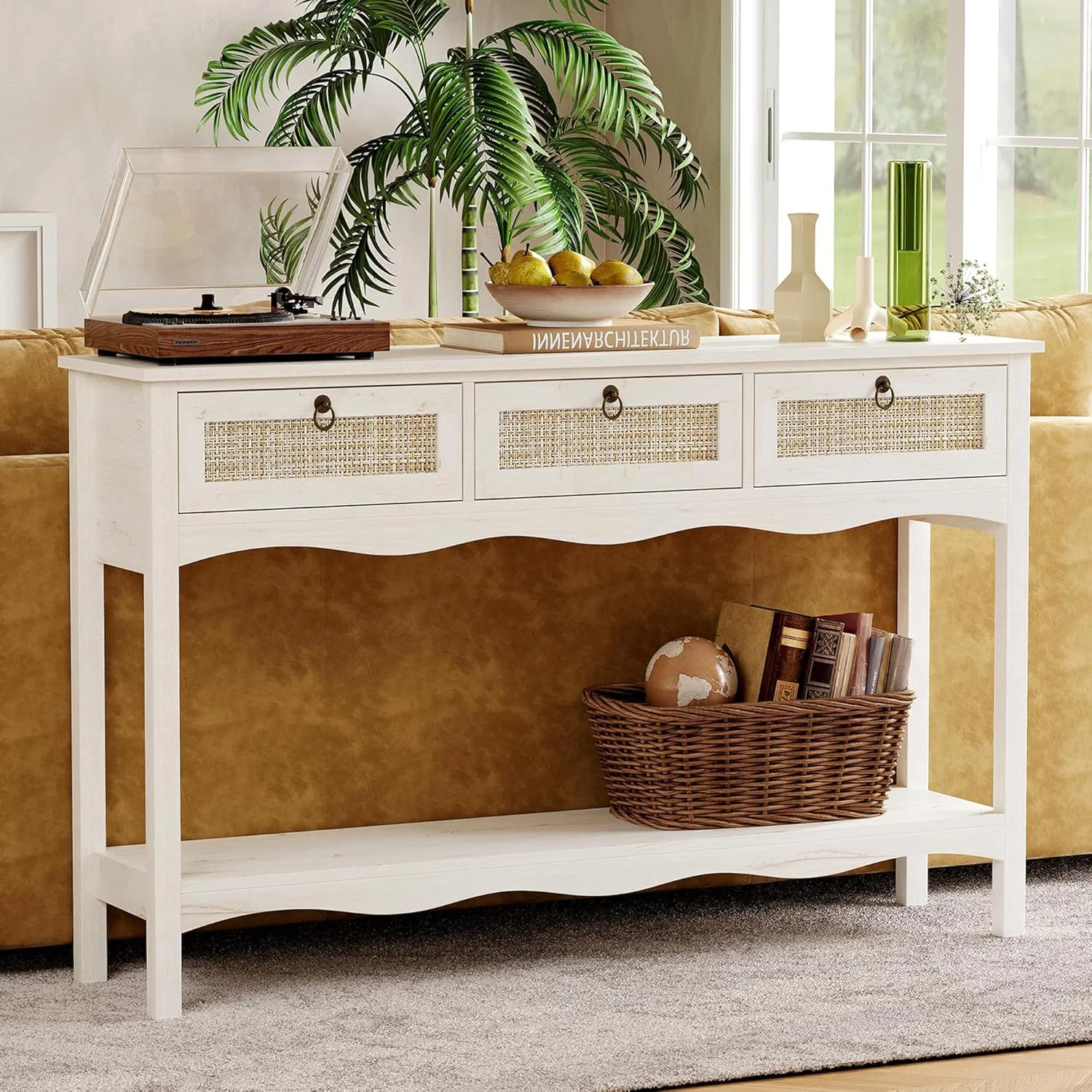 LAZZO 51” Boho Rattan Console Table, Narrow Entryway Table with 3 Drawers & Open Shelf, White
