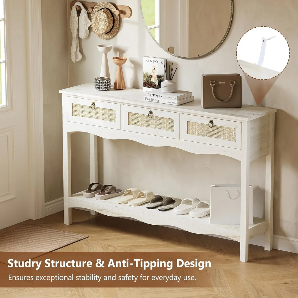 LAZZO 51” Boho Rattan Console Table, Narrow Entryway Table with 3 Drawers & Open Shelf, White