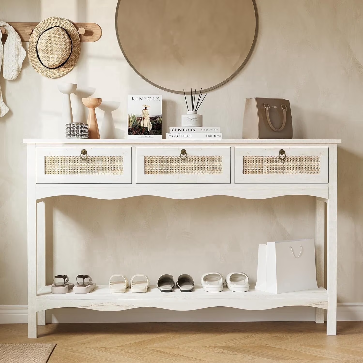 LAZZO 51” Boho Rattan Console Table, Narrow Entryway Table with 3 Drawers & Open Shelf, White