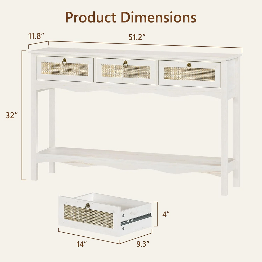 LAZZO 51” Boho Rattan Console Table, Narrow Entryway Table with 3 Drawers & Open Shelf, White