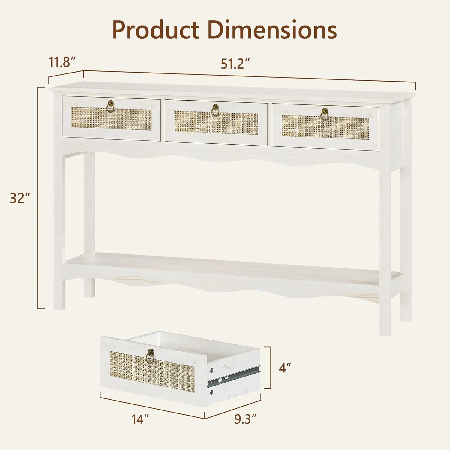 LAZZO 51” Boho Rattan Console Table, Narrow Entryway Table with 3 Drawers & Open Shelf, White