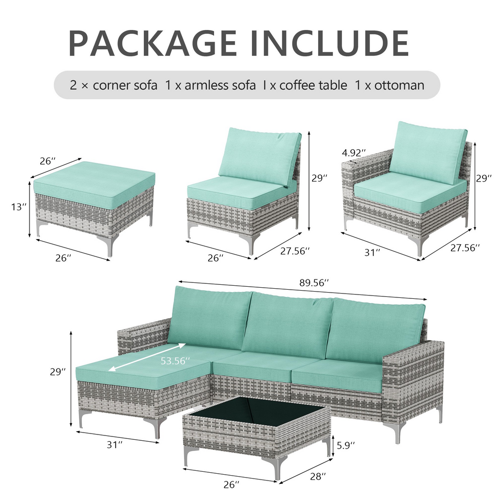 LAZZO 5-Piece Patio Conversation Set, Boho Outdoor Wicker Furniture with Green Cushions & Glass Coffee Table for Backyard, Porch