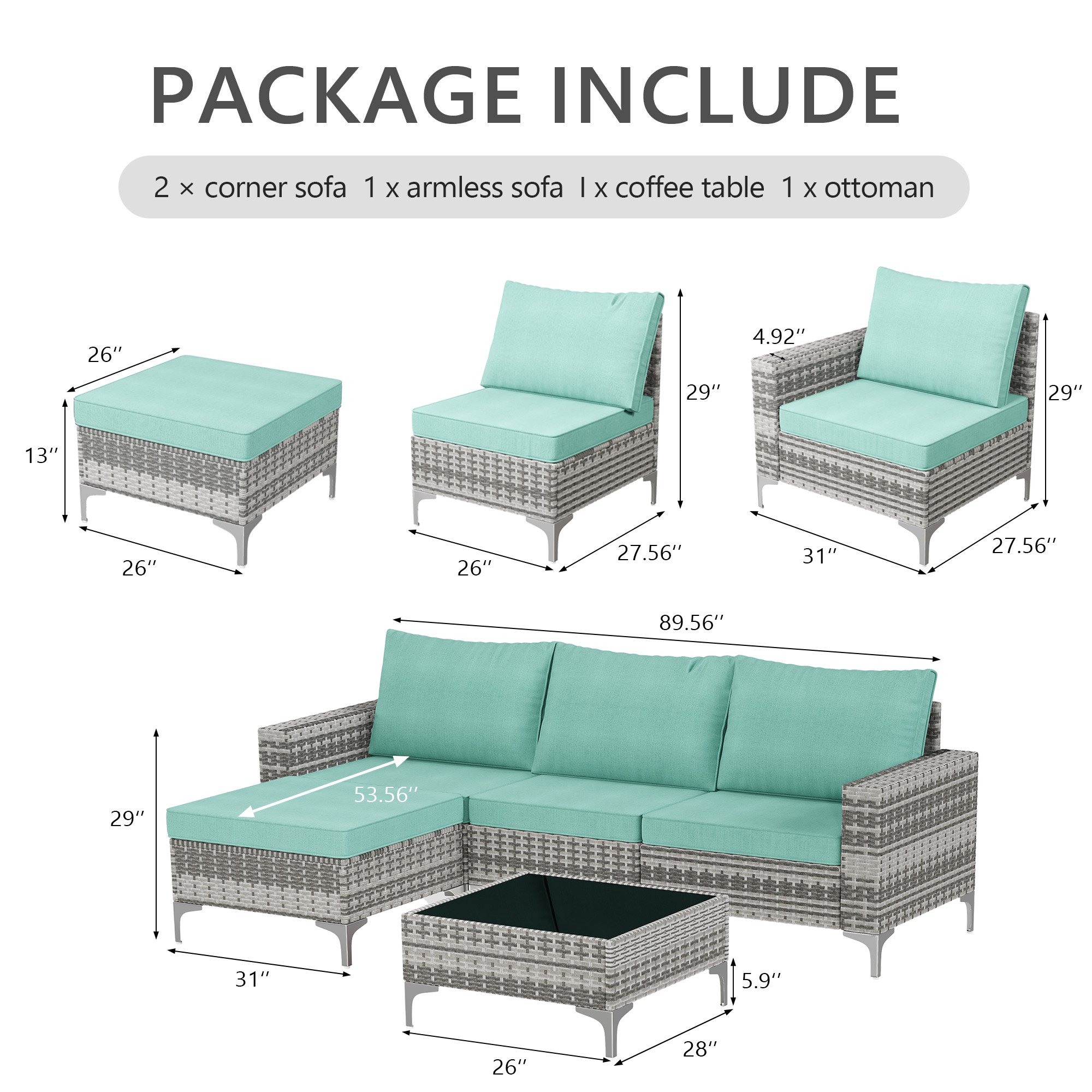 LAZZO 5-Piece Patio Conversation Set, Boho Outdoor Wicker Furniture with Green Cushions & Glass Coffee Table for Backyard, Porch