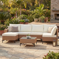 LAZZO 7-Piece Patio Conversation Set, Boho Outdoor Wicker Furniture with Beige Cushions & Glass Coffee Table for Backyard, Porch