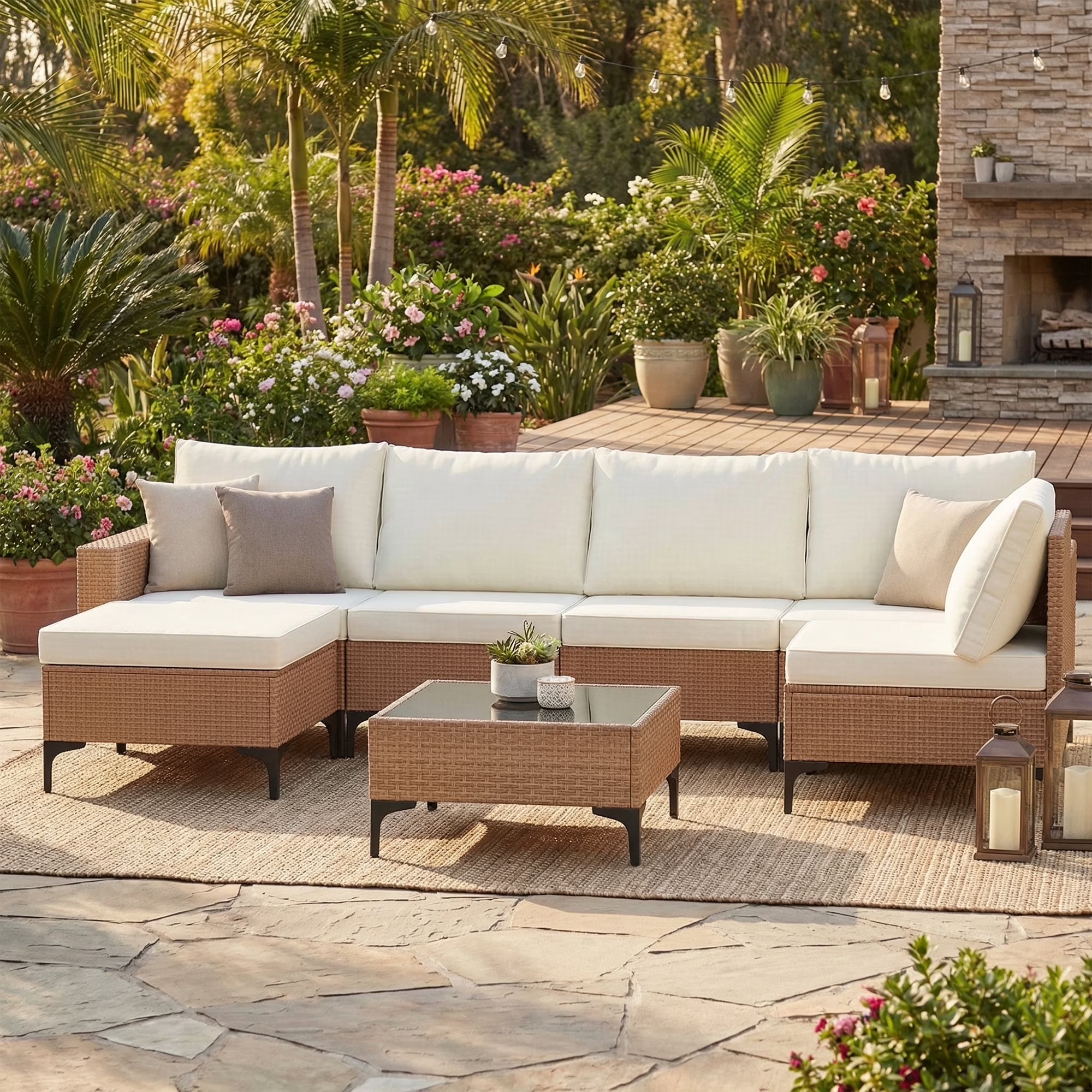 LAZZO 7-Piece Patio Conversation Set, Boho Outdoor Wicker Furniture with Beige Cushions & Glass Coffee Table for Backyard, Porch