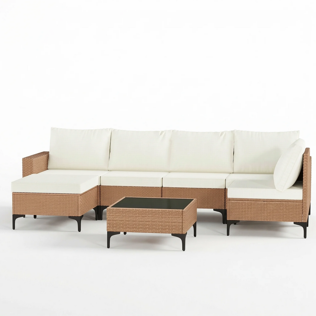 LAZZO 7-Piece Patio Conversation Set, Boho Outdoor Wicker Furniture with Beige Cushions & Glass Coffee Table for Backyard, Porch