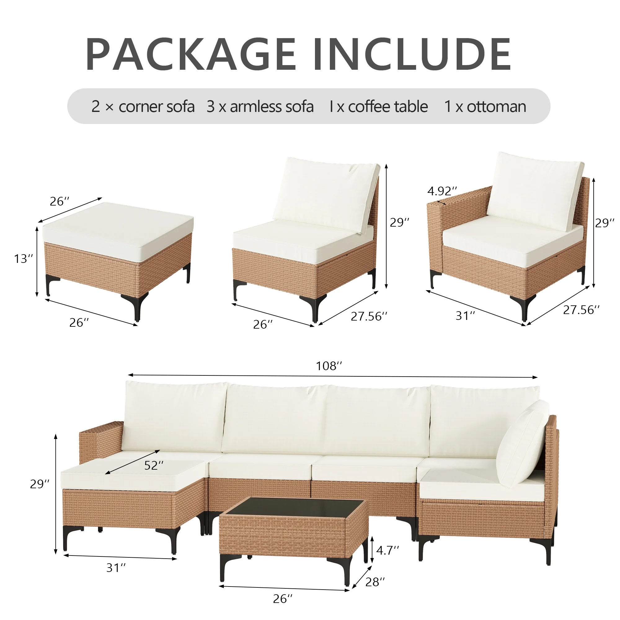 LAZZO 7-Piece Patio Conversation Set, Boho Outdoor Wicker Furniture with Beige Cushions & Glass Coffee Table for Backyard, Porch