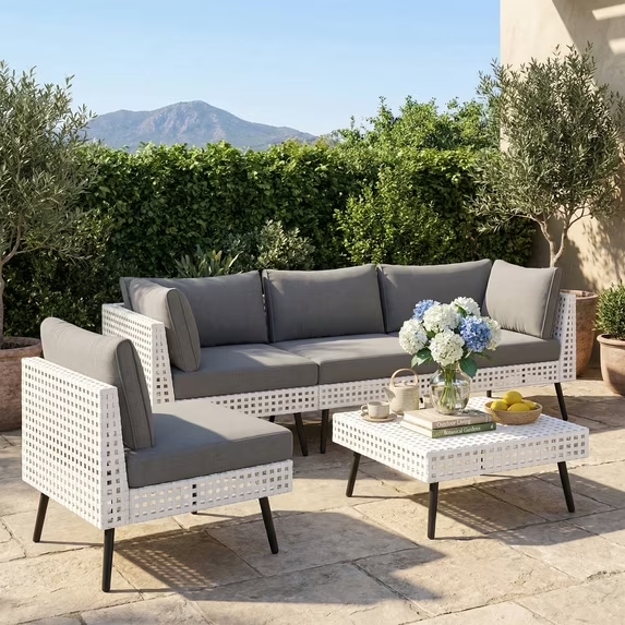 LAZZO 5-Piece Patio Conversation Set, All-Weather Wicker Outdoor Furniture Set with 4 Chairs and 1 Ottoman, Gray