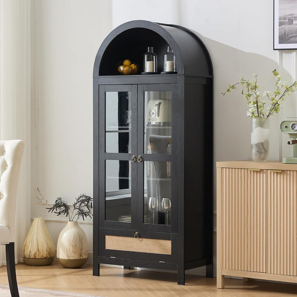 TYBOATLE 71" Tall Arched Pantry Cabinet with Innovative Drawer, Kitchen Cabinet with Anti-Tipping Device and Glass Door, Versatile Cupboard for Kitchen, Dining, Black