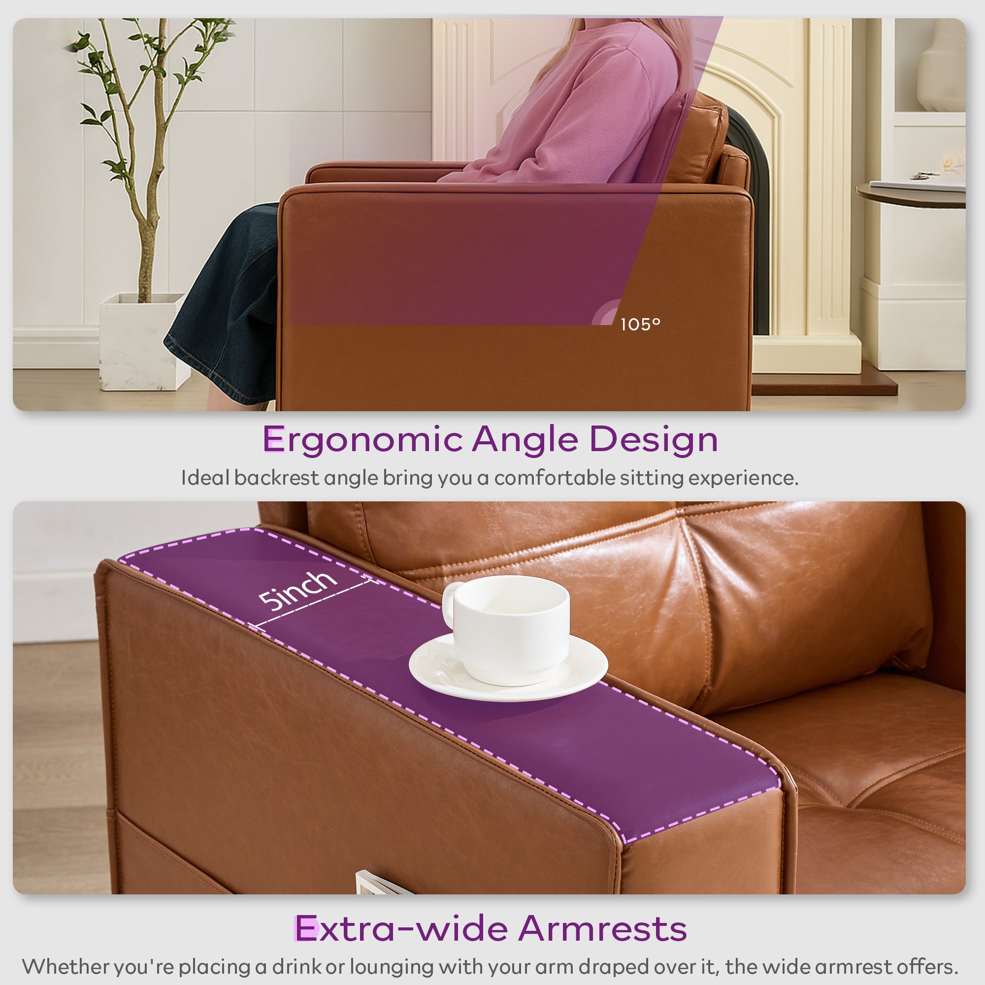 TYBOATLE Brown Faux Leather Accent Chairs Set of 2, Comfy Living Room Chair Reading Oversized Accent Chairs Tufted Mid Century Modern Arm Chair, Wider Armchair for Office Bedroom Lobby