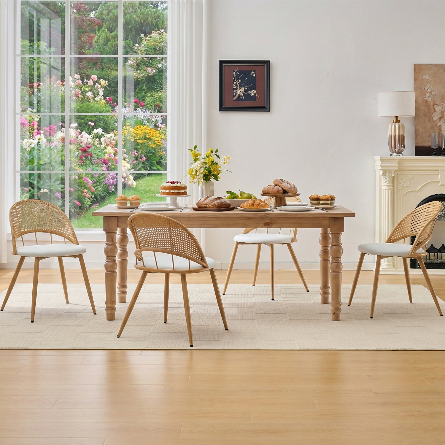 TYBOATLE Rattan Dinner Chairs Set of 4 with Faux Leather Cushion, Modern Dining Room Chairs w/Adjustable Foot Pads, Kitchen Boho Chairs Mid Century Upholstered, White