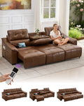 TYBOATLE Electric Reclining Sectional Couch, Power Recliner Sofa w/USB & Type-C Charging Ports and Cup Holders, Leather Reclining Sofa for Living Room, Home Theater (Brown)