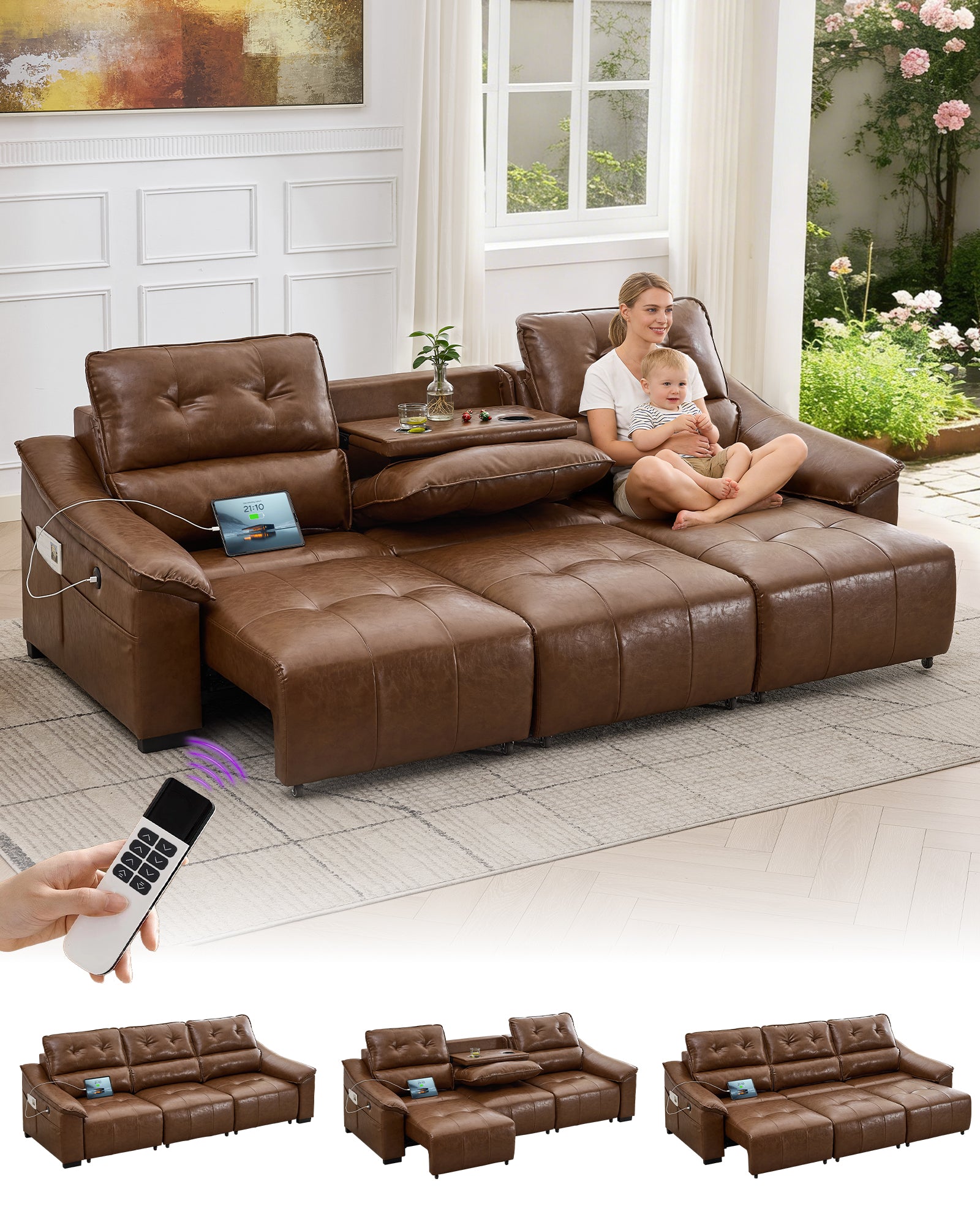 TYBOATLE Electric Reclining Sectional Couch, Power Recliner Sofa w/USB & Type-C Charging Ports and Cup Holders, Leather Reclining Sofa for Living Room, Home Theater (Brown)