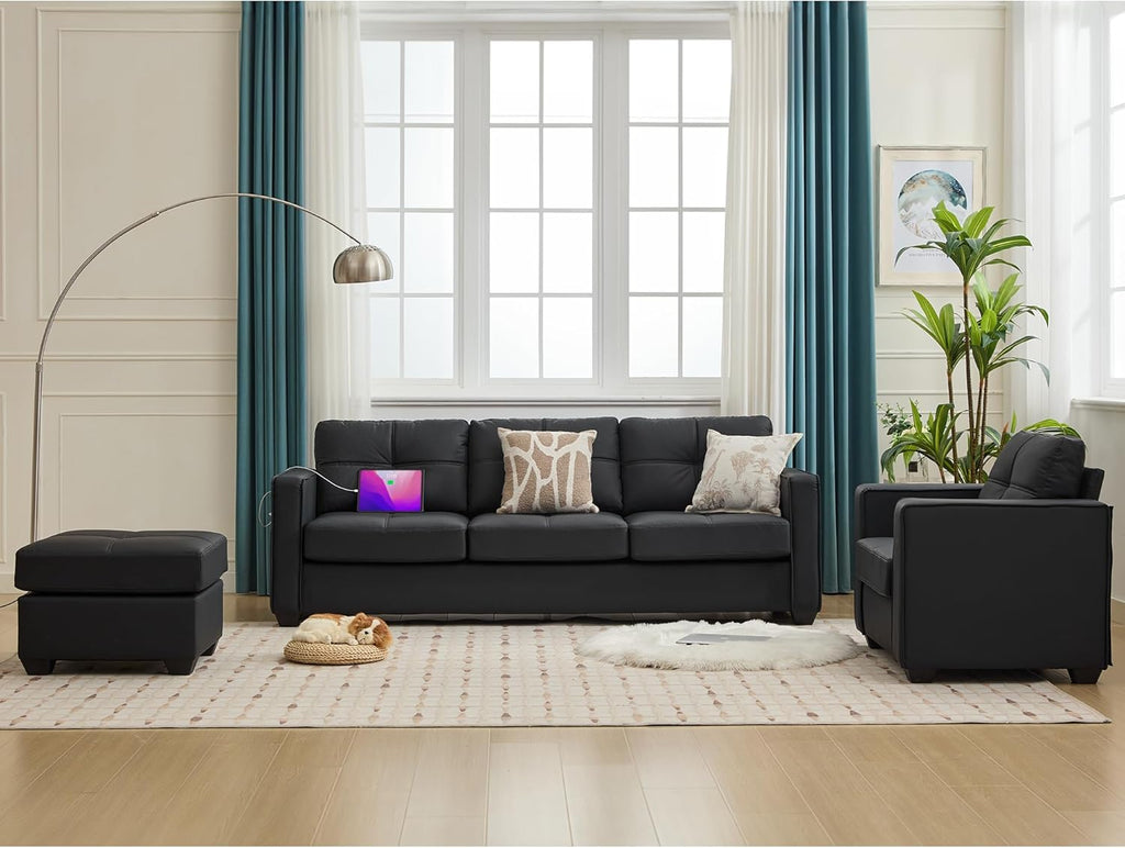 TYBOATLE Black Sofa Couch Sectional Couches for Living Room, Comfy Comfy Faux Leather Modular Convertible Sofas with Ottoman & USB, Home Sofa Set with Chaise for Apartment Small Space (3)