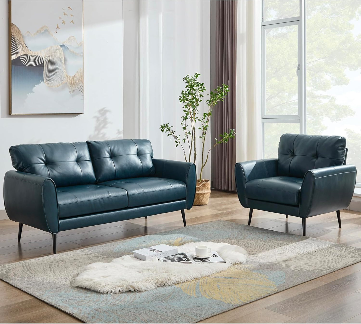 TYBOATLE Sofa Couch 61" Small Loveseat Couches for Living Room White Leather Couch Mid Century Modern Tufted Mini Sofa Comfy Office 2 Seat Settee Love Seat Small Couches for Small Spaces Bedroom (2, Blue)