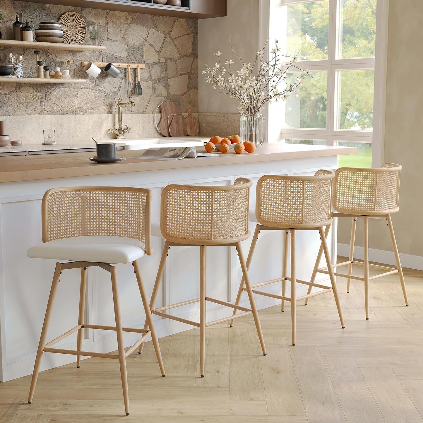 TYBOATLE Swivel Rattan Bar Stools Set of 4, 26” Counter Height Stools with Natural Rattan Woven Back and Faux Leather Seat, Mid-Century Modern Island Chairs Barstools for Kitchen, White