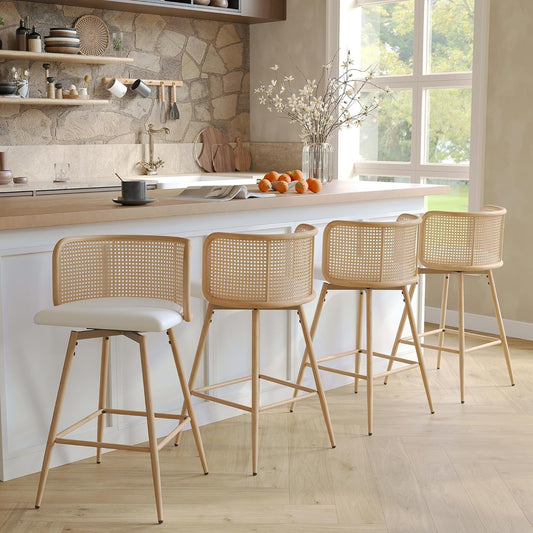 TYBOATLE Swivel Rattan Bar Stools Set of 4, 26” Counter Height Stools with Natural Rattan Woven Back and Faux Leather Seat, Mid-Century Modern Island Chairs Barstools for Kitchen, White
