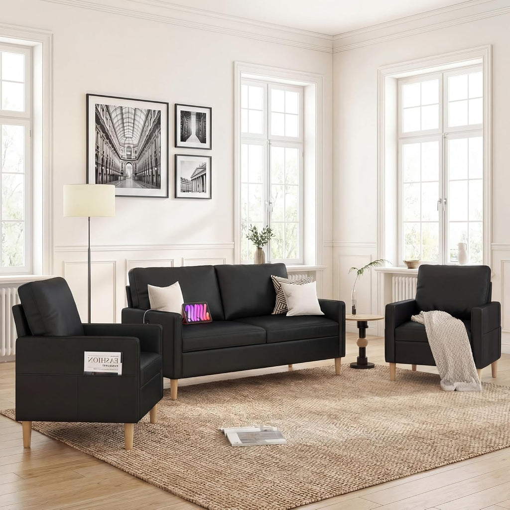 TYBOATLE Black Faux Leather Sofa Couches w/USB, 3 Piece Living Room Set, Mid-Century Modern Loveseat 2 Seater Office Small Couch Love Seat for Small Space, Bedroom, Apartment