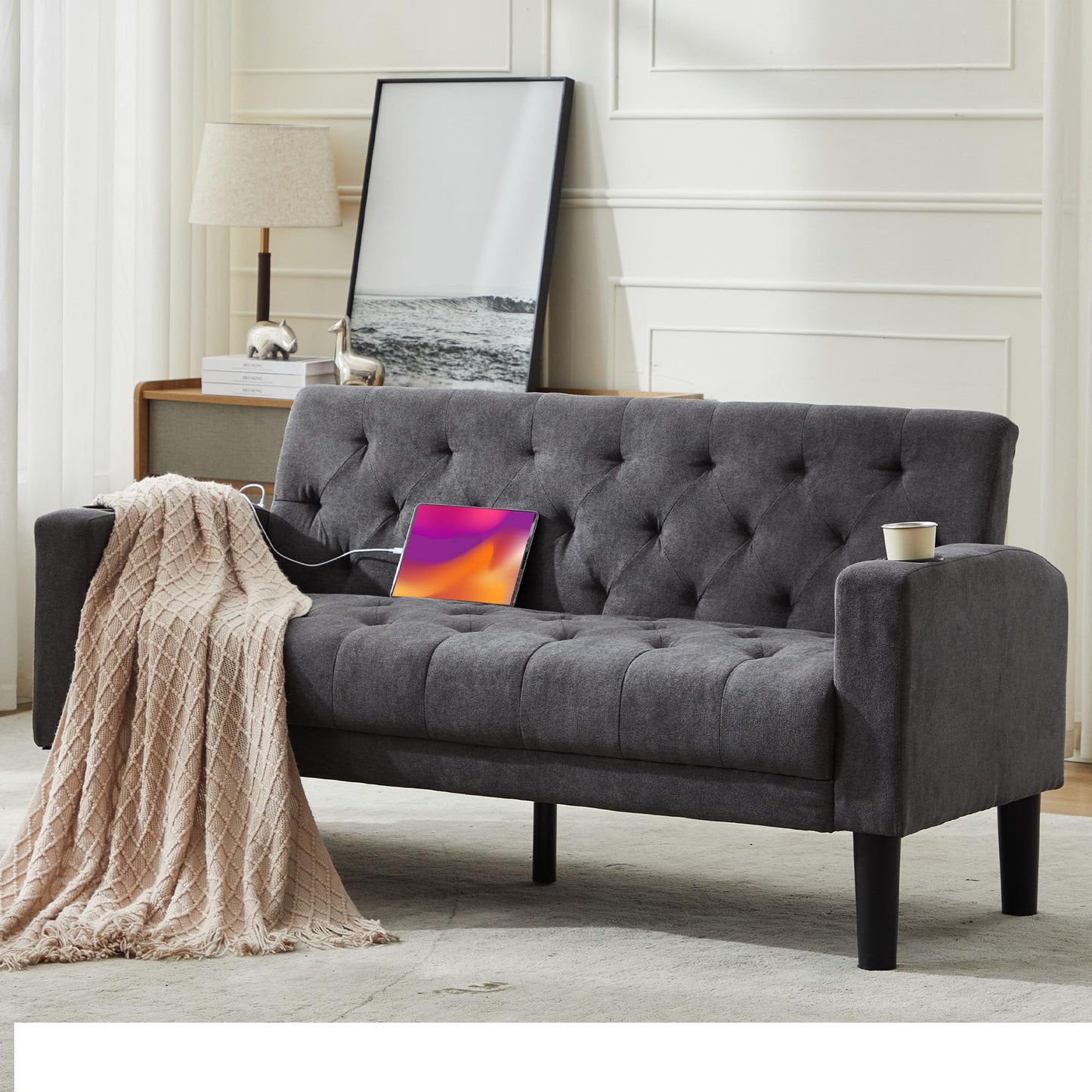TYBOATLE 62" W Loveseat Sofa w/ 2 USB Charger Ports and 2 Cupholders, Mid-Century Modern Tufted Linen Fabric Small Love Seat Couches for Compact Living Room, Bedroom, Apartment, Dorm (1, Dark Grey)