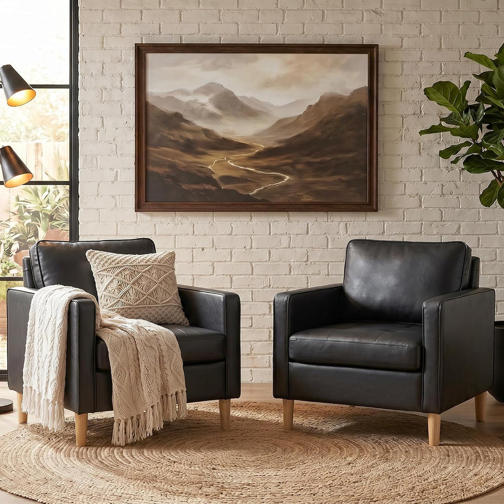 TYBOATLE Faux Leather Accent Chairs Set of 2, Office Armchair, Black, Tufted Seat, Wood Legs, Mid-Century Modern, Upholstered, Comfy, Reading, Living Room, Waiting Room, Bedroom
