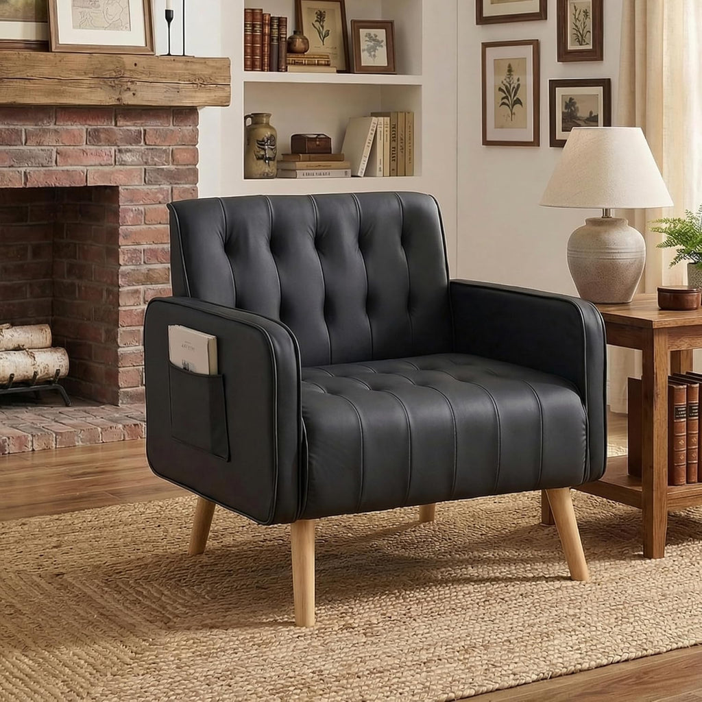 TYBOATLE Leather Accent Chair, Mid-Century Modern Living Room Chair with Pocket and Wooden Legs, Tufted Cozy Office Reading Chair, Armchair for Living Room, Waiting Room, Bedroom (Black, 1)