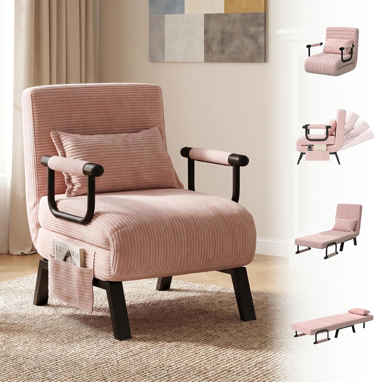 TYBOATLE Sleeper Chair Bed, Comfy Convertible Sleeper Futon Chairs for Adults, 5 in 1 Folding Bed Chair with Adjustable Backrest & Side Pockets & Pillow, Cozy Small Sofa for Small Spaces (Pink)