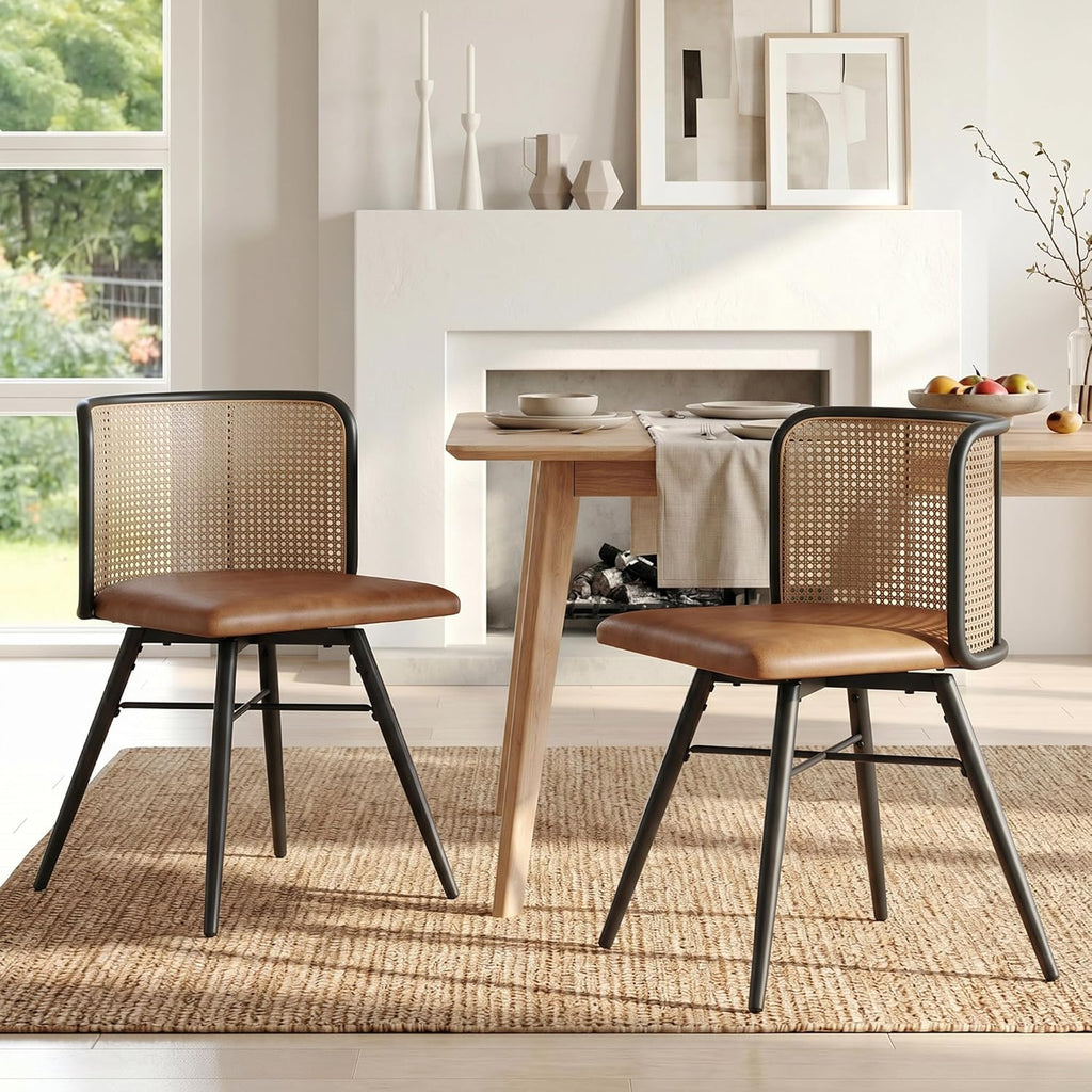 TYBOATLE Rattan Dining Chiars Set of 2, Farmhouse Boho Dining Room Chair with Natural Cane Woven Back and Faux Leather Seat, Mid-Century Modern Kithchen Chairs for Dining Table (2, Brown)