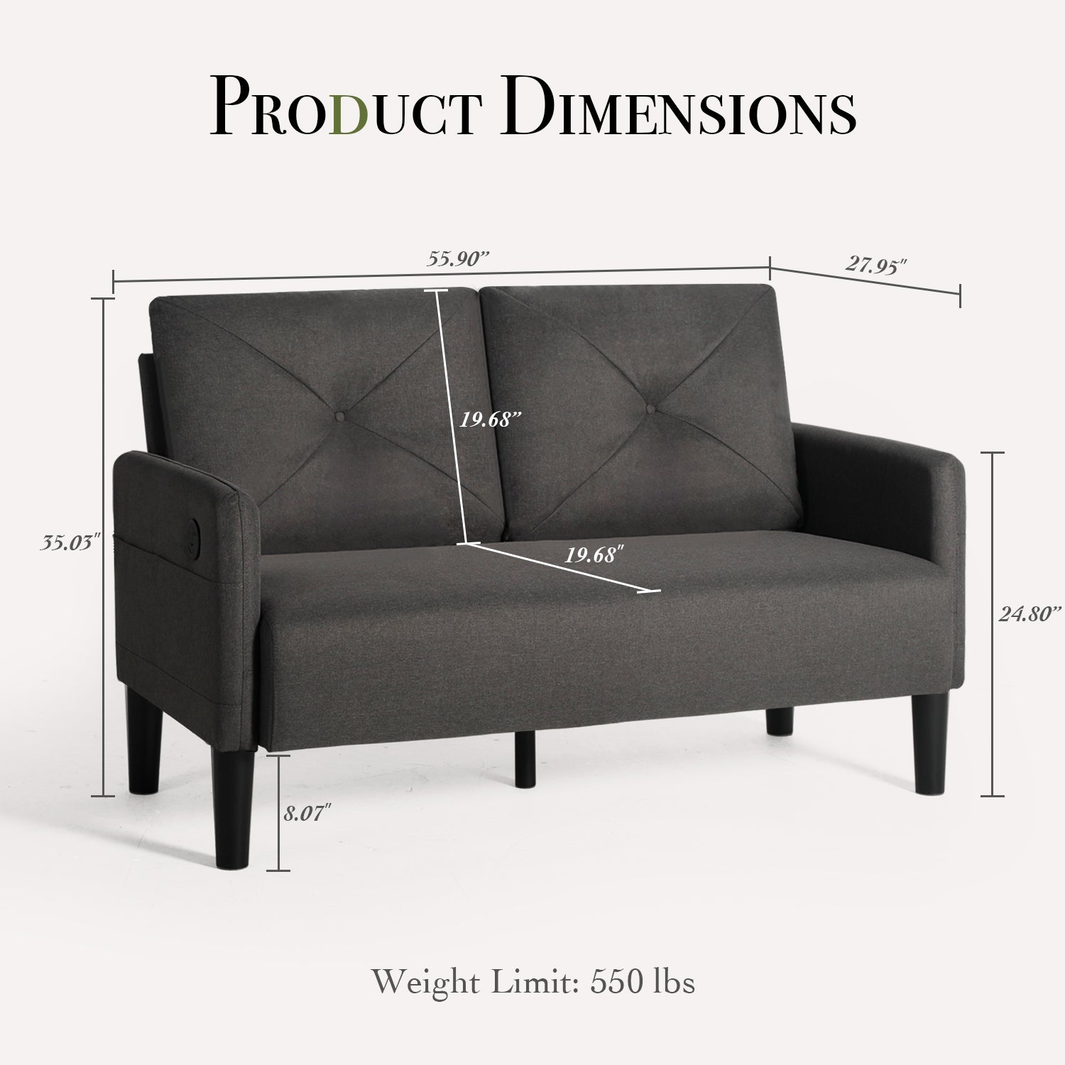 CHYMSUN Loveseat Sofa, 2 Pieces Set Mid Century Modern Sofa Couch w/ 2 USB & Side Pocket, Tufted Small Love Seat Sofas for Living Room, Small Spaces, Office, Apartment Furniture (2, Dark Grey)