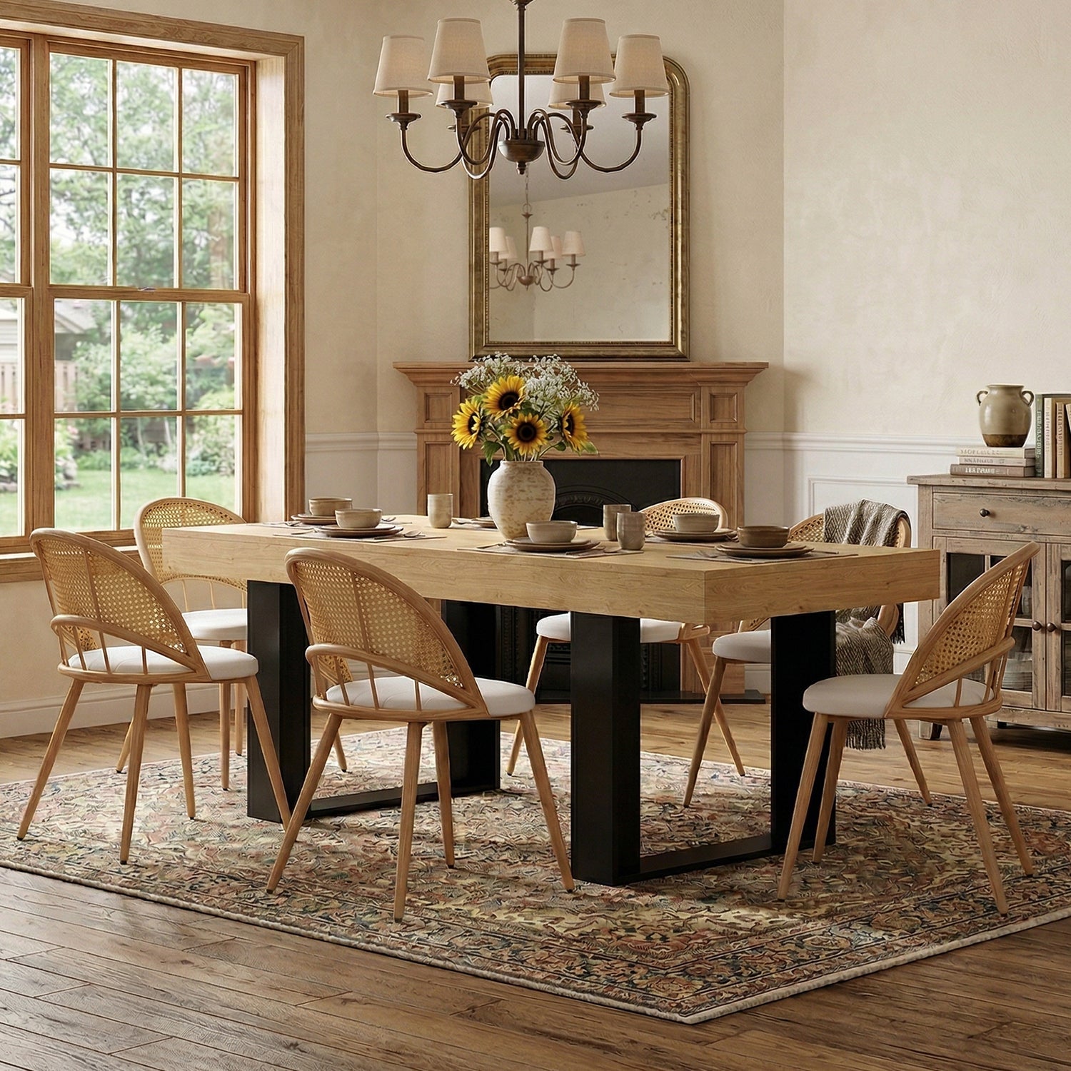 TYBOATLE Farmhouse Dining Table Set for 4, 5 Piece Kitchen Table Set, Wooden Dining Table with 4 Boho Rattan Chairs, MDF Wood Top, Durable Frame, Easy-Clean Surface (Brown-6 Chairs, Wood Leg)