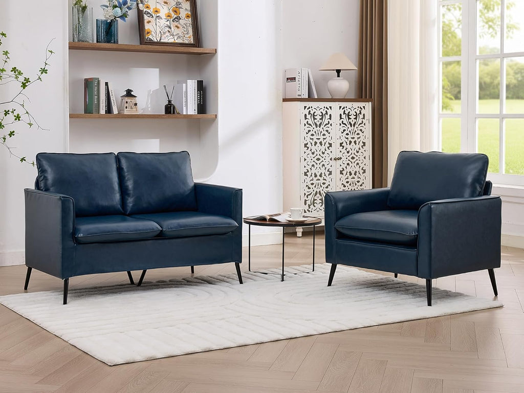 TYBOATLE Leather Loveseat Sofa and Accent Chair, Comfy Love Seat Couch and Chair Set with 2 Pillows, Mid-Century Modern 2 Seat Couches for Small Spaces, 2 Pieces Living Room Furniture Sets (Blue, 2)