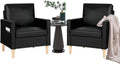 TYBOATLE Leather Chair w/Armrest Pockets, Solid Wood Accent Chairs Set of 2, Mid Century Modern Living Room Chairs, Comfy Waiting Room Reading Chairs for Bedroom, Office, Black