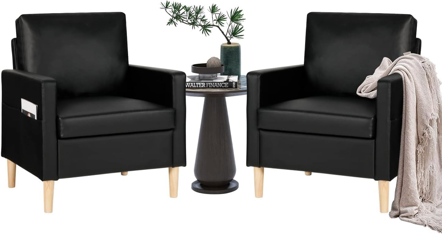 TYBOATLE Leather Chair w/Armrest Pockets, Solid Wood Accent Chairs Set of 2, Mid Century Modern Living Room Chairs, Comfy Waiting Room Reading Chairs for Bedroom, Office, Black