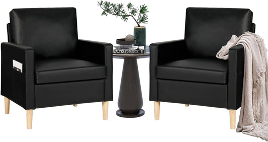 TYBOATLE Leather Chair w/Armrest Pockets, Solid Wood Accent Chairs Set of 2, Mid Century Modern Living Room Chairs, Comfy Waiting Room Reading Chairs for Bedroom, Office, Black