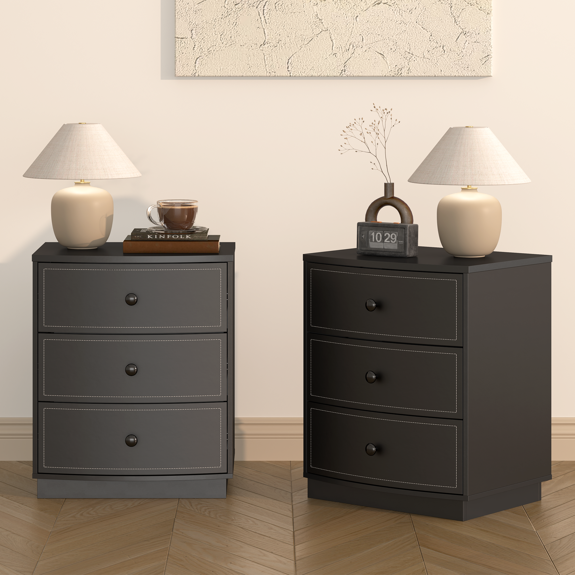 TYBOATLE Black Nightstand, Modern Curved 3 Drawers Bedside Table with Sturdy Base, Wooden Night Stand with Leather Storage Drawer for Bedroom (2)