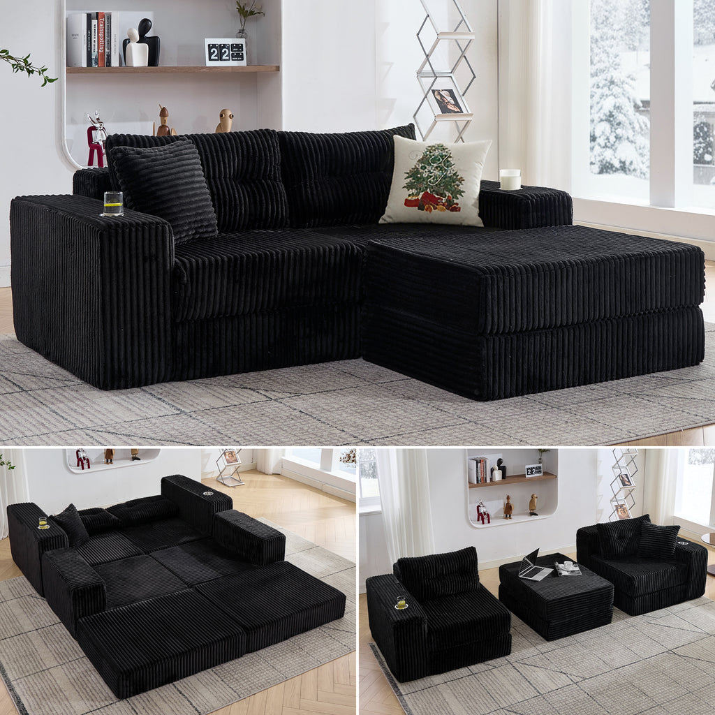 TYBOATLE Modular Cloud Sofa Loveseat with Ottoman, Modern Corduroy Boneless Sectional Foam Couch with Deep Seats, Convertible Sleeper Sofa Bed for Living Room, No Assembly (Black, 2 Seat)