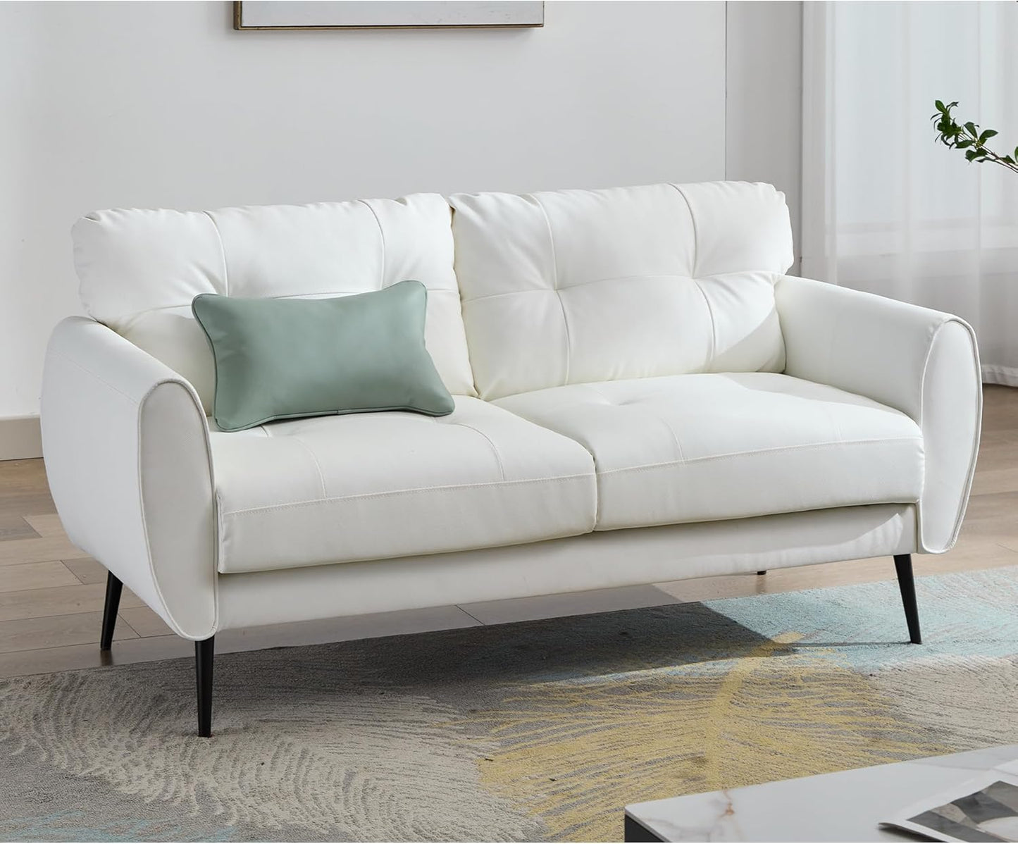 Sofa Couch 61" Small Loveseat Couches for Living Room White Leather Couch Mid Century Modern Tufted Mini Sofa Comfy Office 2 Seat Settee Love Seat Small Couches for Small Spaces Bedroom (1, White)