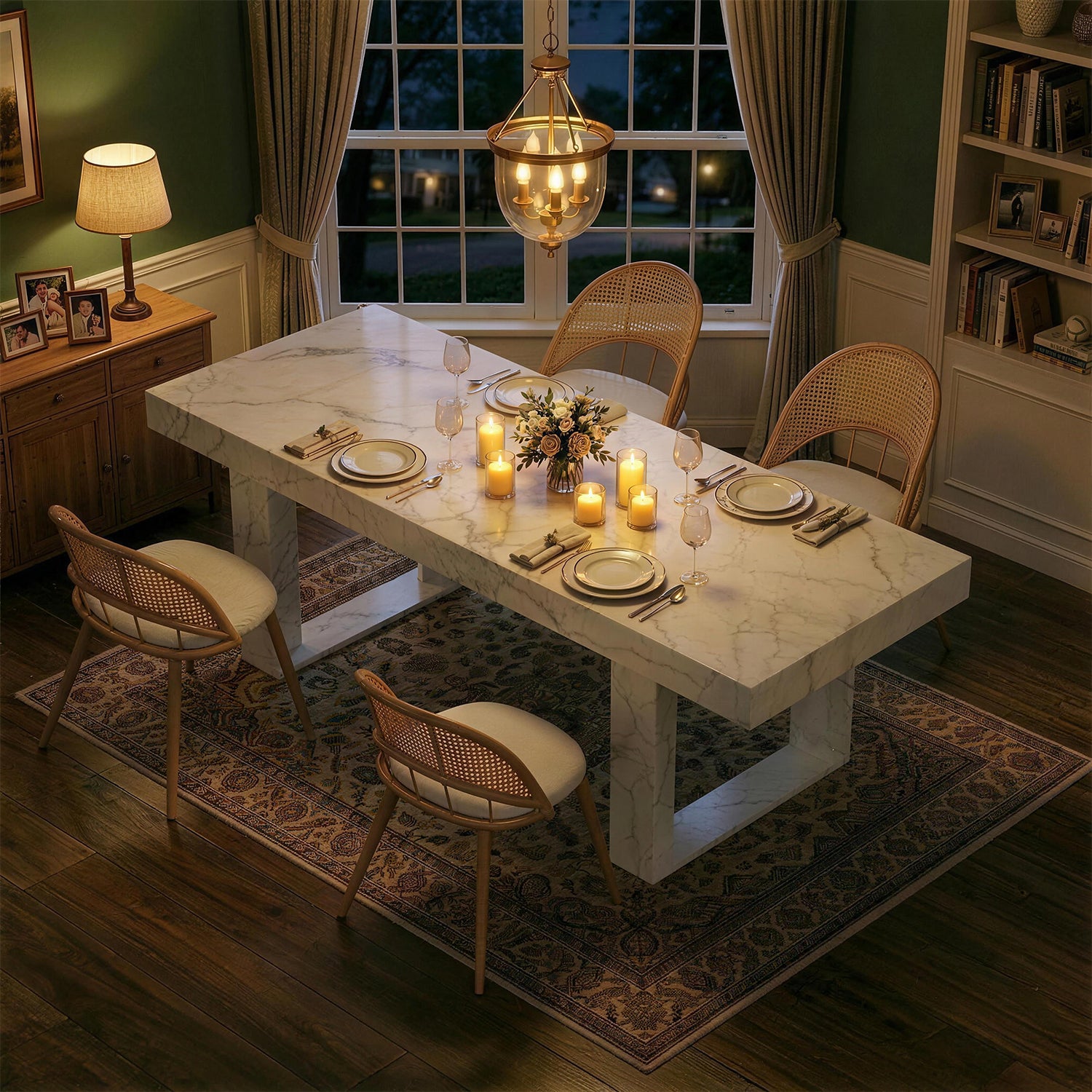 TYBOATLE 71''-87'' Extendable Dining Table Set for 4, Farmhouse Wooden Dining Room Table Set, 5 Piece Dinner Table Set with Upholstered Rattan Dining Chairs (Natural & White, 71''-87''- 4 Chairs)