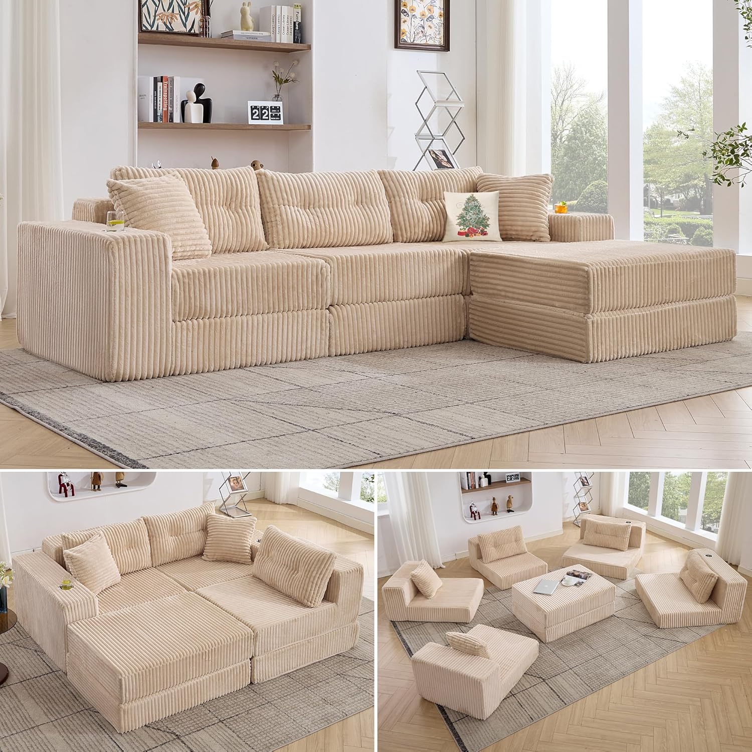 TYBOATLE Modular Sectional Sofa Couch, Corduroy Cloud Boneless Foam Couch with Deep Seats & Cup Holder, Modern Comfy Sleeper Sofa with L-Shape Chaise, No Assembly (Cream Beige)