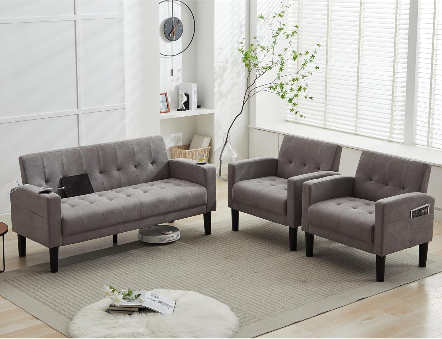 TYBOATLE Sofa Couch, Living Room Furniture Sectional Sofa Sets 2 Pic, Tufted Mid-Century Loveseat w/USB, Cupholders & Comfy Single Sofa for Small Space, Apartment, Office (Light Grey)